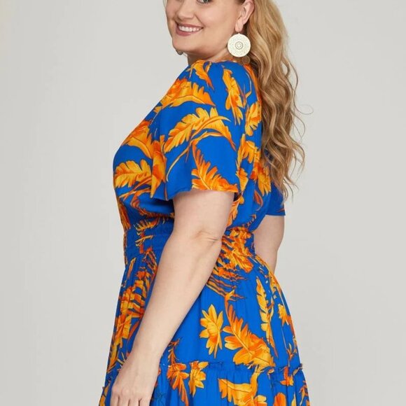ROYAL BLUE FLORAL PLUS SIZE MINI DRESS - Picture 2 of 6